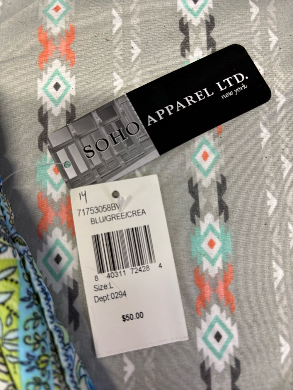 🧩NWT Soho Apparel Blue and Green Patchwork-Print Chinos - Picture 2 of 3